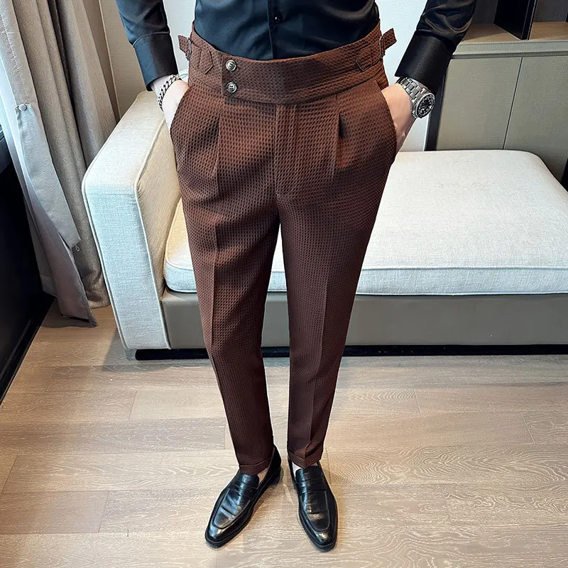 Korean Men Formal Wear - Spring New Pantalones High Waist Waffle