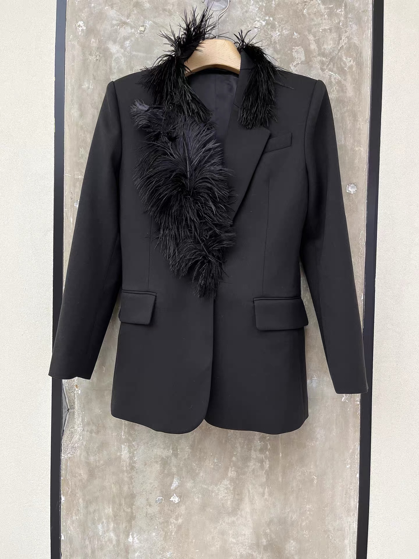 Wool Suit Jacket - Ostrich fur collar suit jacket, black,