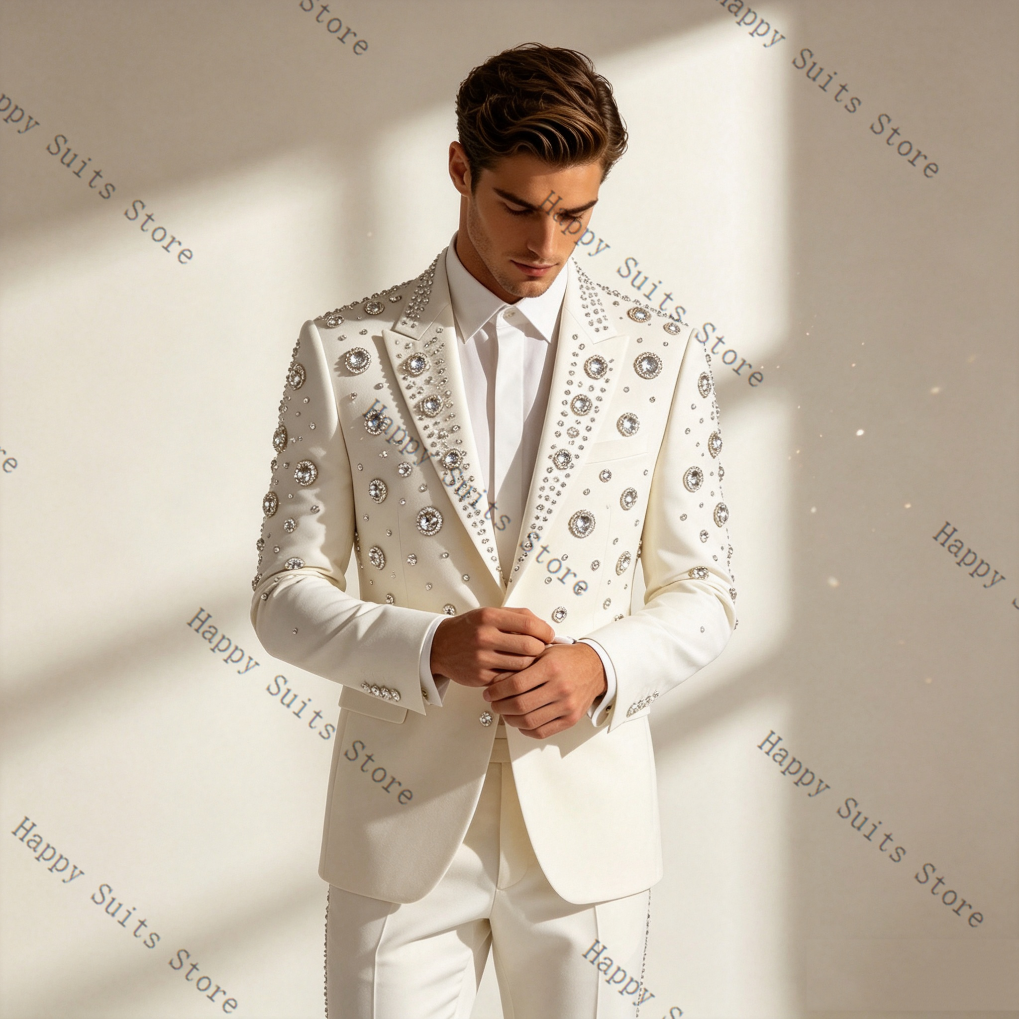 Crystals White Men Suit Set 2  - مراجعة Men Formal Wear With Coat وسعره